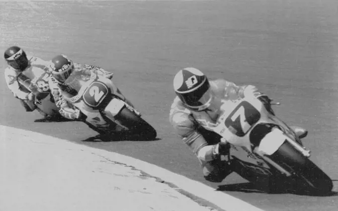 Wesr German Manfred Herweh, nr. 7, closely followed by Christian Sarron of Frence on a Yamaha, and Guy Bertin of France on a MBA in full action during the 2500 motorcycling event during the grand prix of Belgium on the Francorohamps racing track here this afternon. Manfred Herweh, during a real won the race. July 08, 1954. (Photo by The Associated Press Wirephoto).