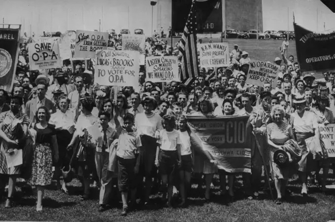 'Save Opa' Rally On Monument Grounds -- Banners and placards are displayed at "Save Opa" rally on Washington monument grounds today where a crowd heard plea for buyers' strike if OPA's Major controls are abolished and prices increased. June 24, 1946. (Photo by AP Wirephoto).