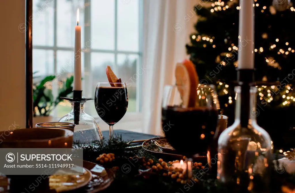traditional Swedish drink mulled wine, glogg on a table at Christmas