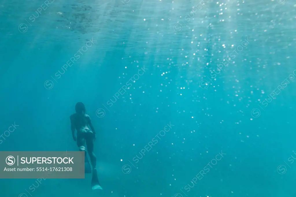 female free diver swims away in the teal waters off oahu, hawaii