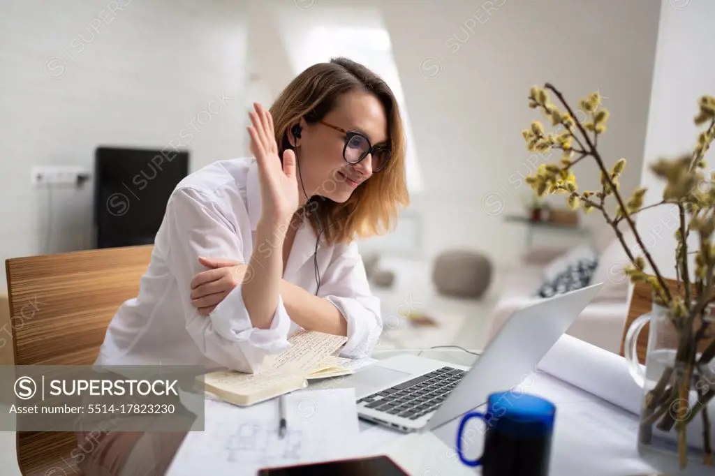 Cheerful businesswoman having online meeting with colleagues
