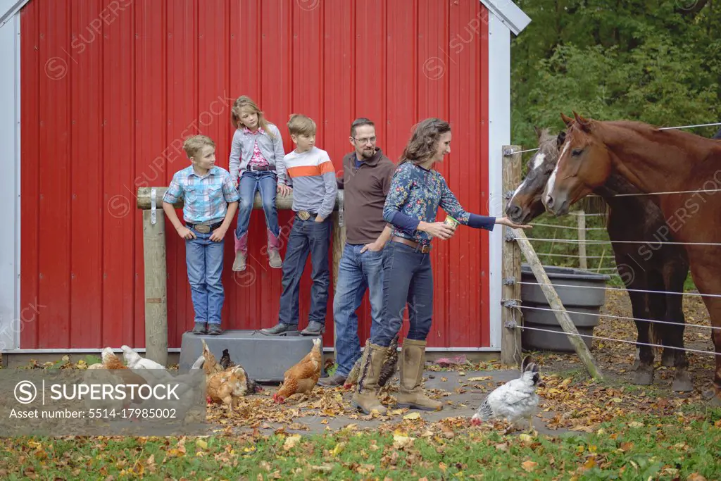 Family by a red barn with horses and chickens.
