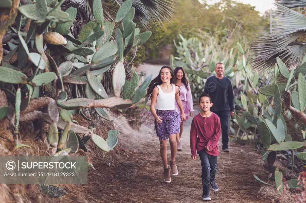 Mixed race family of four walking on a cactus trail.