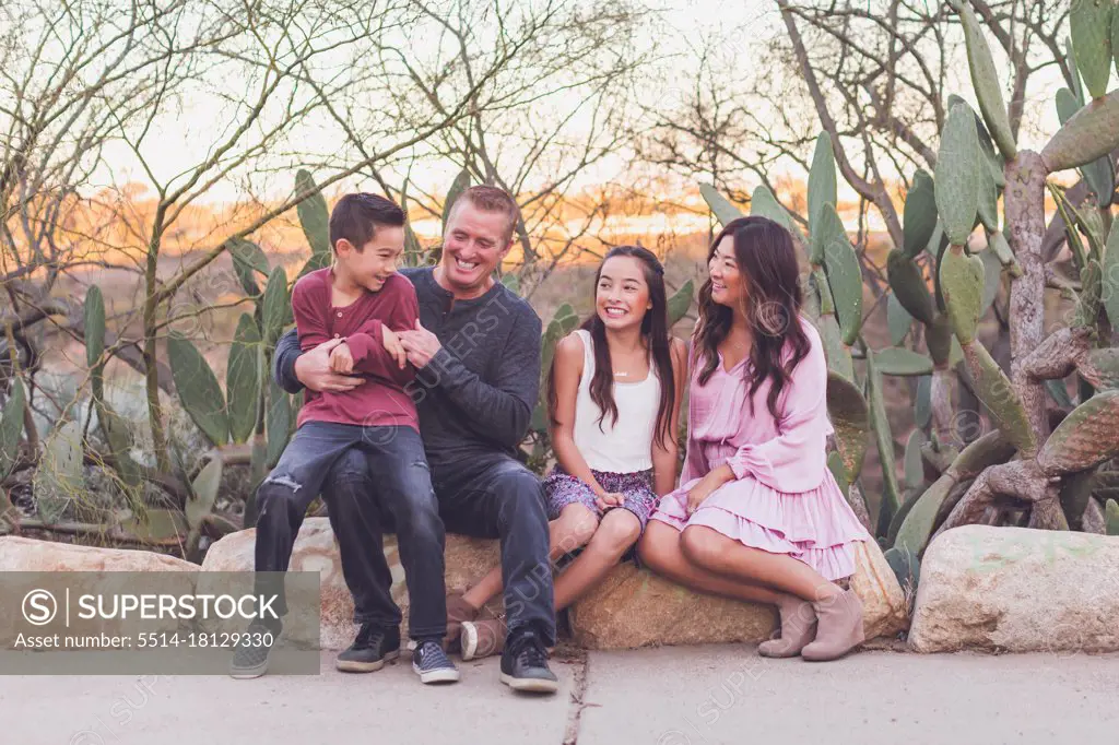 Family of four sitting on a rock and smiling at each other.