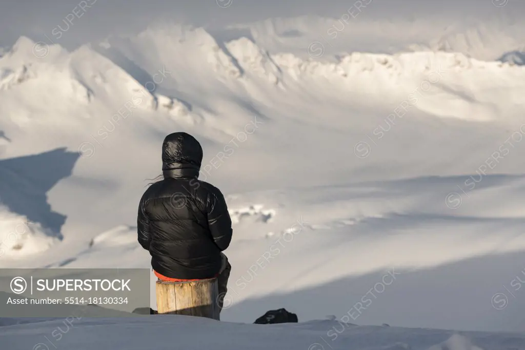 Rear view of man looking at view from snowcapped mountain