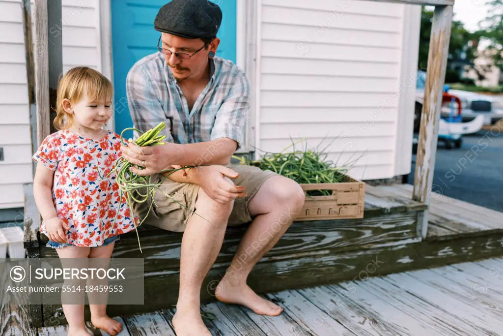 A father and his toddler daughter working produce from the farm