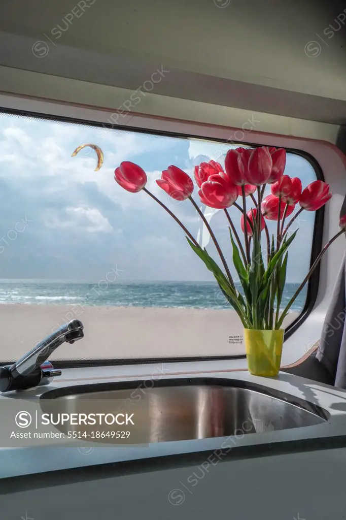flower bouquet in the interior of a van at the beach,kite surf behind