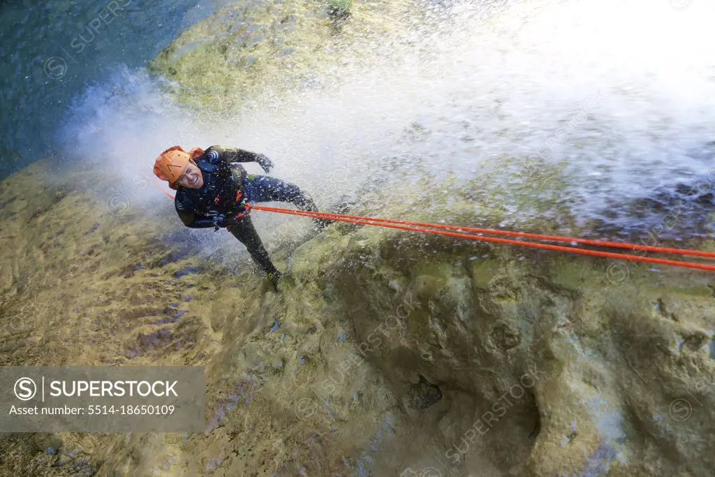 Canyoning Lucas Canyon in Tena Valley, Pyrenees, Spain.