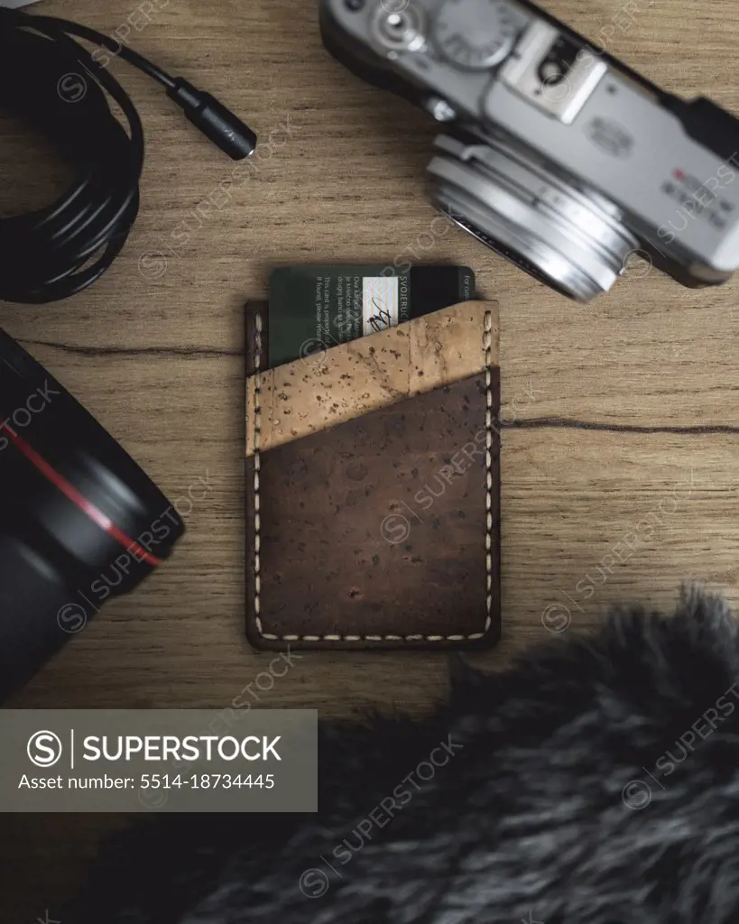 Leather Wallet camera and lens