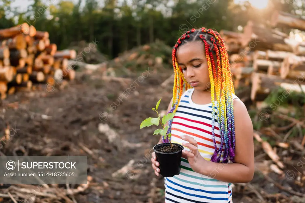 Girl with braids holds sapling on logging site