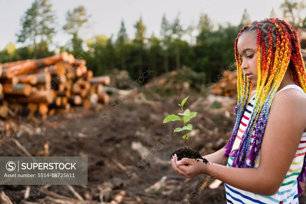 Girl cups sapling in hands on logging site