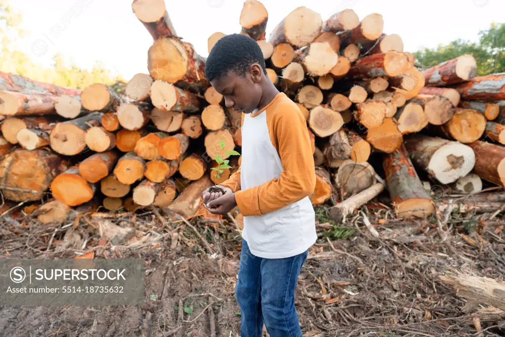 Young Black boy holds sapling on logging site