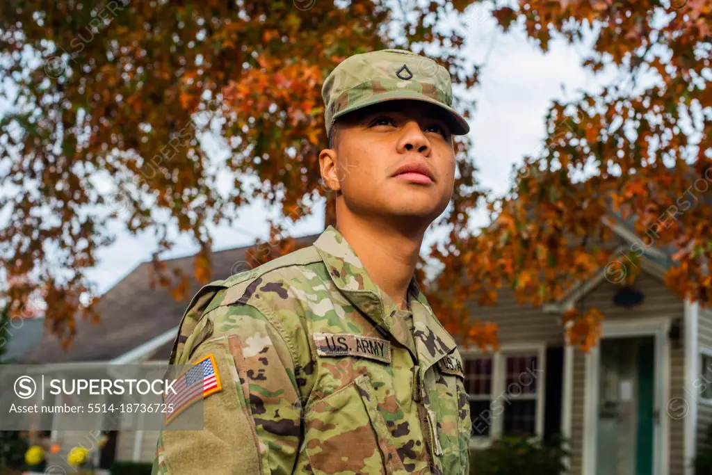 Army private in fatigues in the autumn