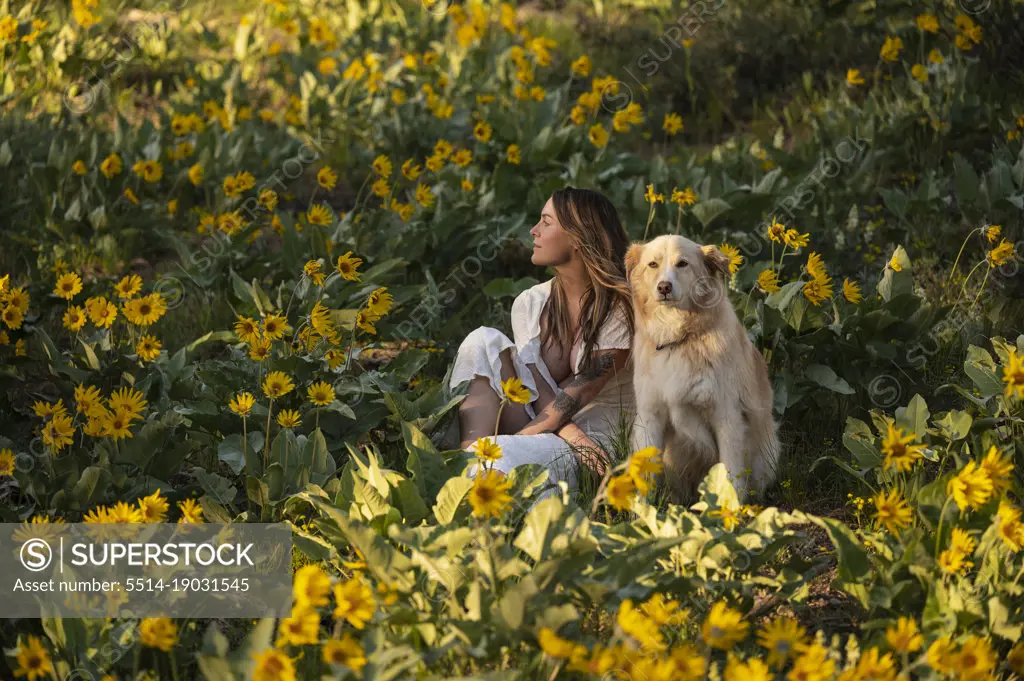 Female sitting with their dog in a field of wildflowers