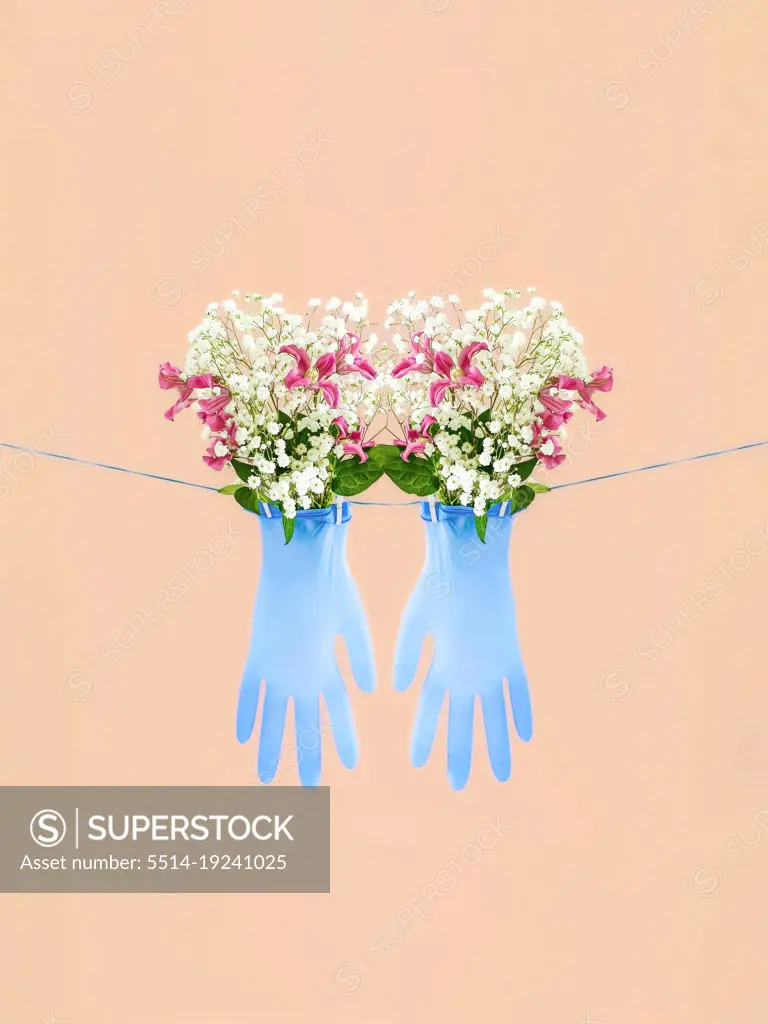 cleanliness hadn care still life blue gloves with flowers
