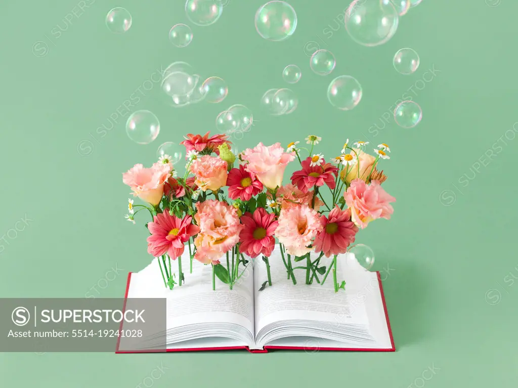 read good red book bloomig pink flowers with buble on green
