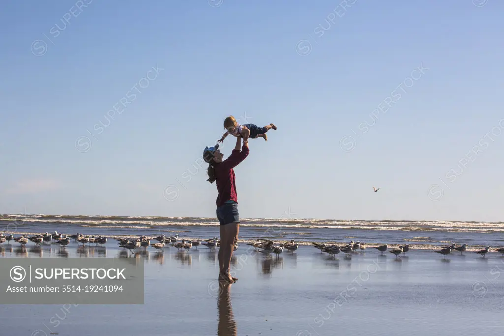 A woman holds her small child over her head on a beach with sea birds