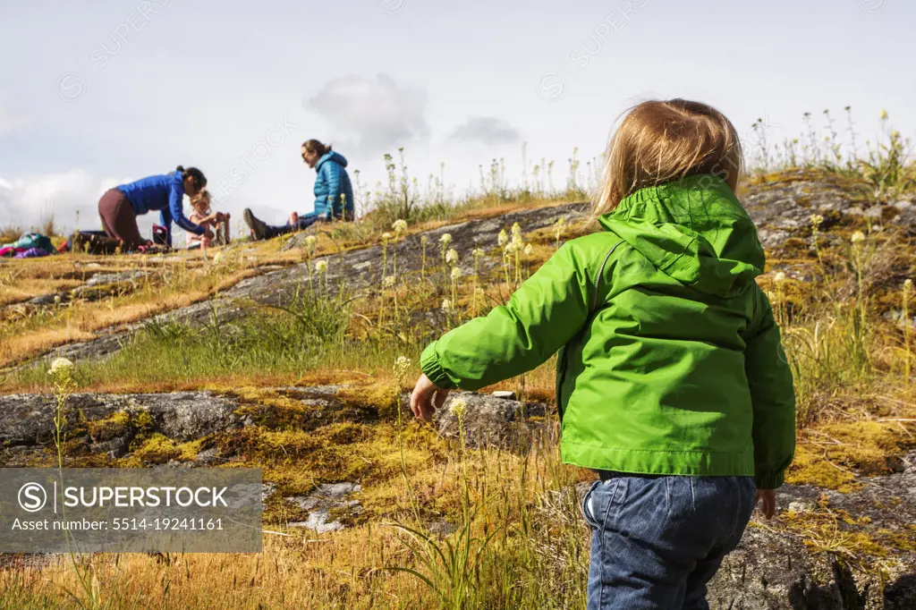 A young child walks toward parents on a mossy rock