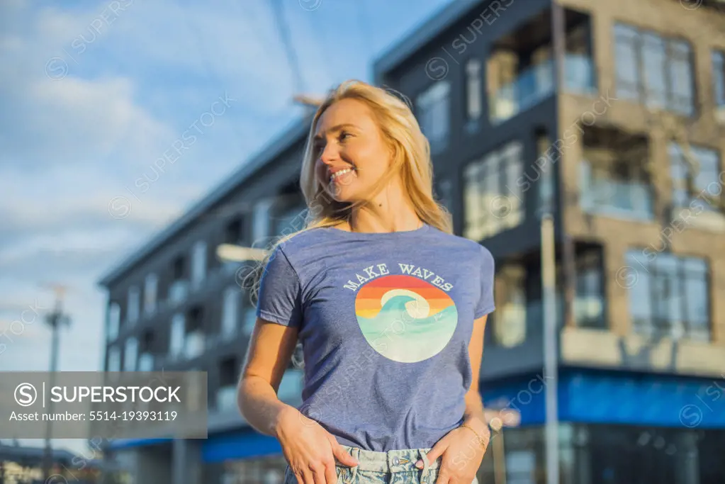 Blond haired woman in Kindness Tshirt
