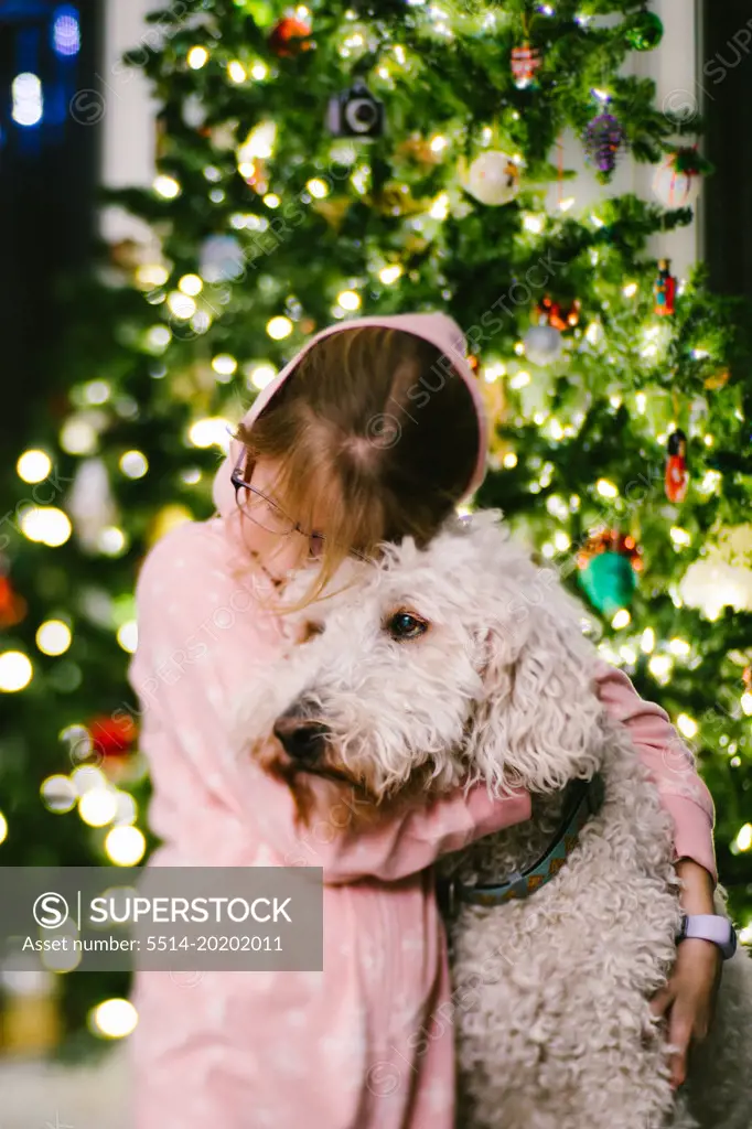 Girl hugs golden doodle dog in front of Christmas tree with ornaments