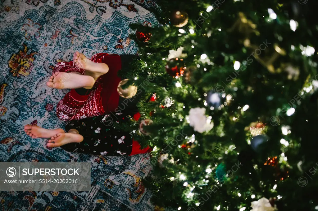 Feet of children siblings poke out from under decorated Christmas tree