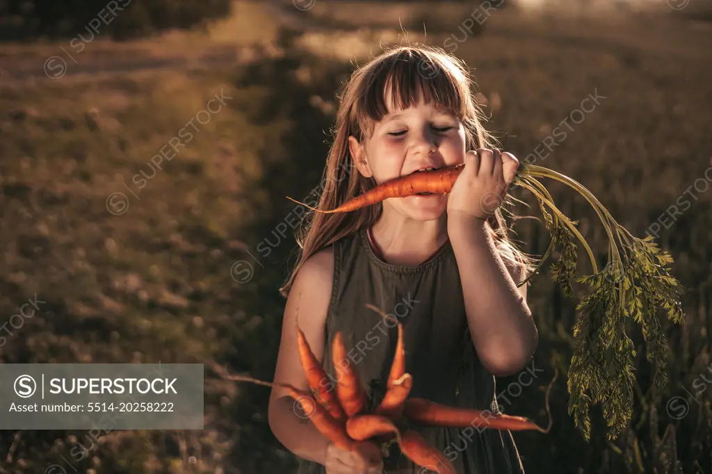 girl eats carrots, harvest season, vegetables, vegetable garden