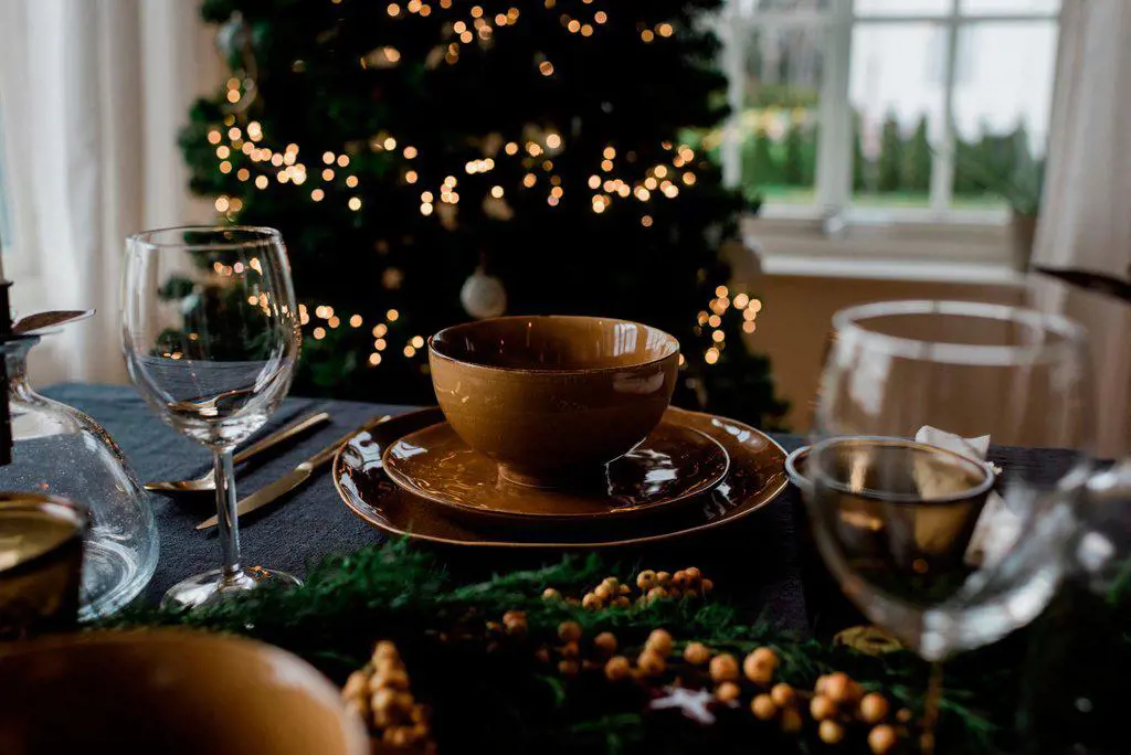 place setting on a decorated festive table setting