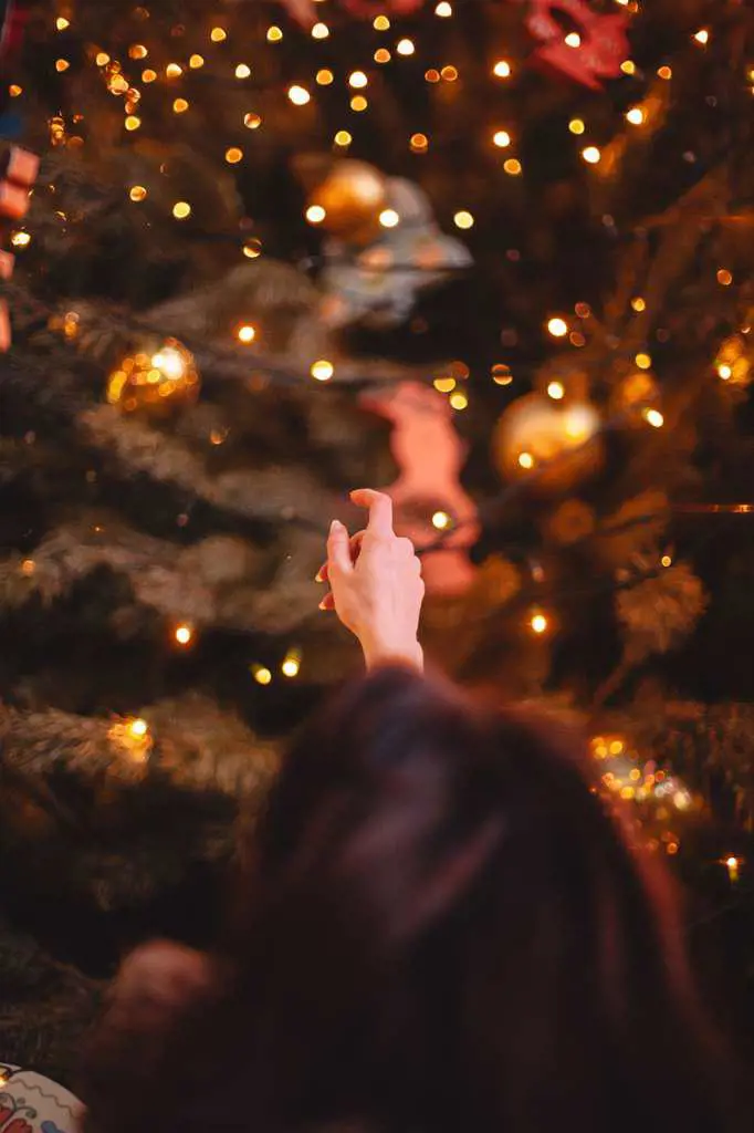 Rear view of teenage girl reaching to Christmas tree making a wish