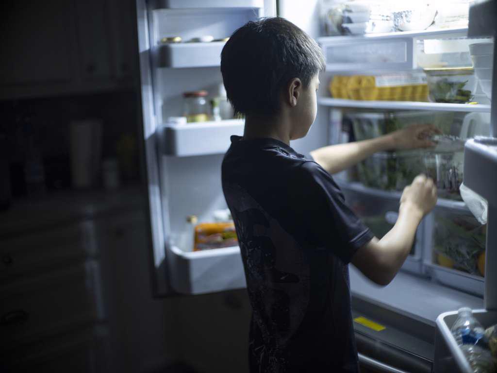 A 12 year-old boy searches in fridge for late night snack