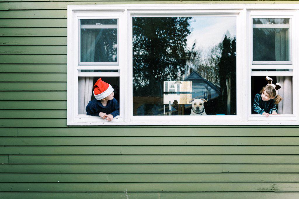 Two children and their dog looking out window waiting for Santa clause