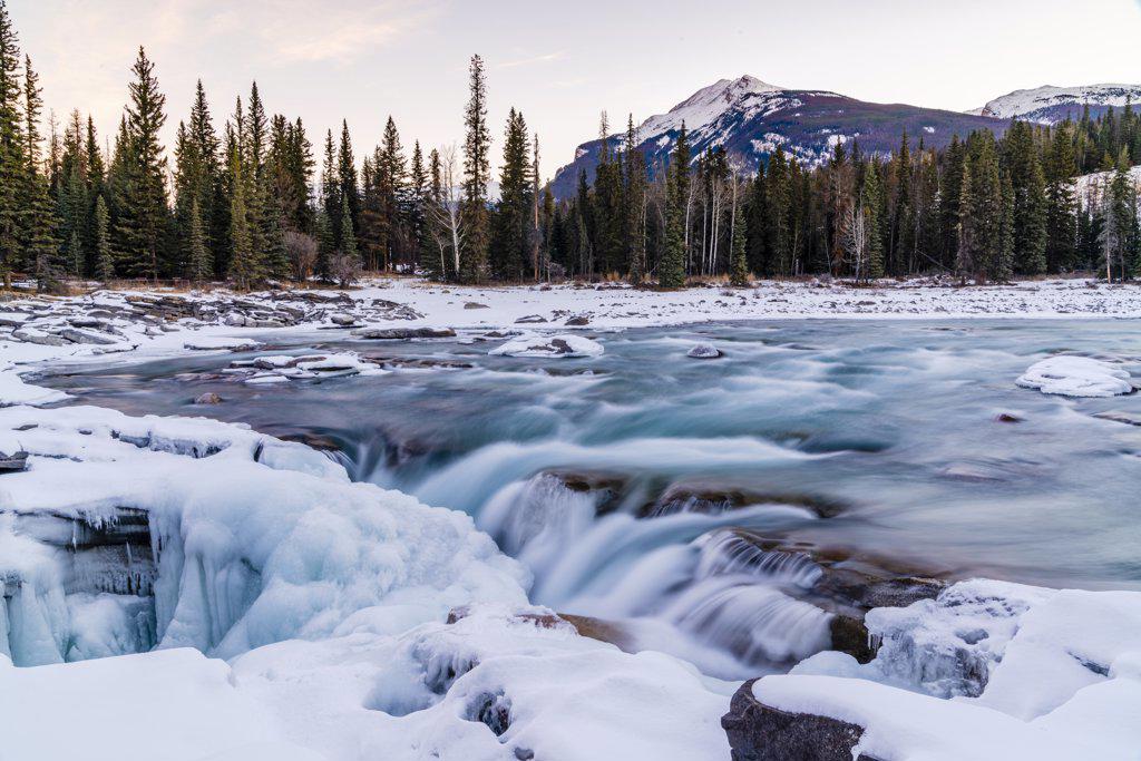 Athabasca River During Winter Pouring Into Athabasca Falls At Sunrise