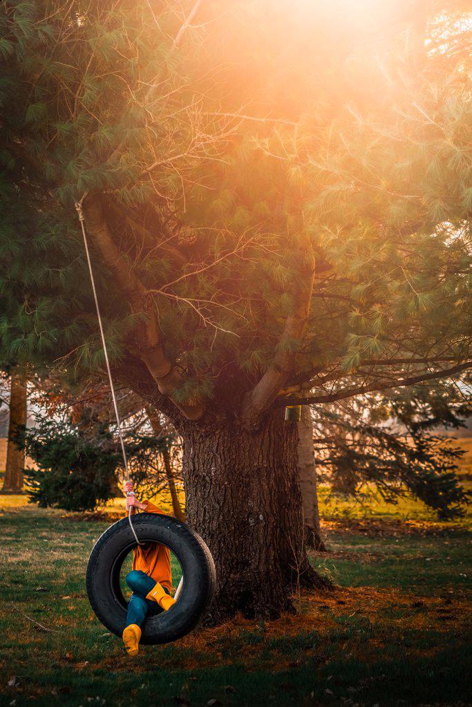 boy swinging in tire swing under the tree during sunset