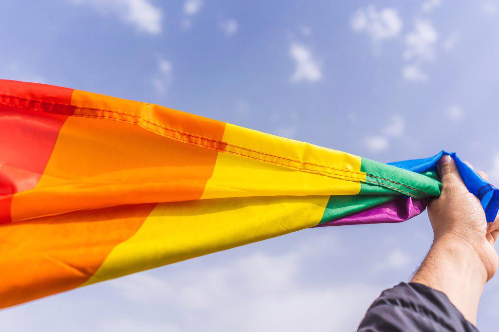 Hand holding colorful LGBT rainbow flag in the sky