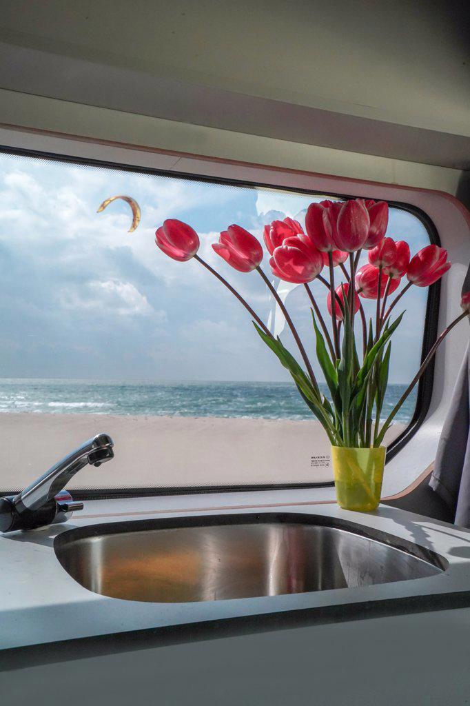 flower bouquet in the interior of a van at the beach,kite surf behind