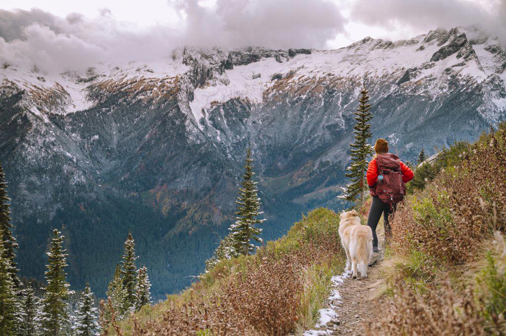 Female Hiker and Dog On A Trail In The North Cascade Mountains