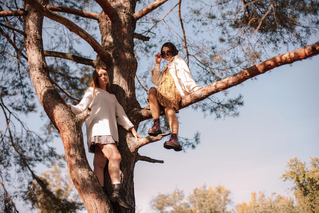 Two teenage girls sitting on pine tree in forest