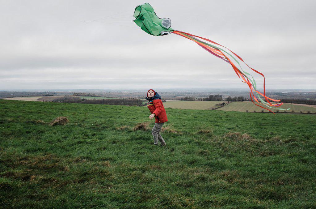 boy flying kite in a green field on a windy day
