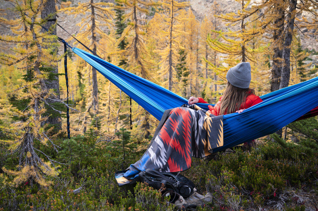 Female relaxing in a hammock in a forest of larches in the fall