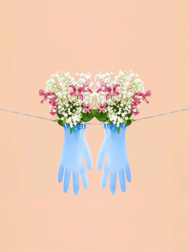 cleanliness hadn care still life blue gloves with flowers
