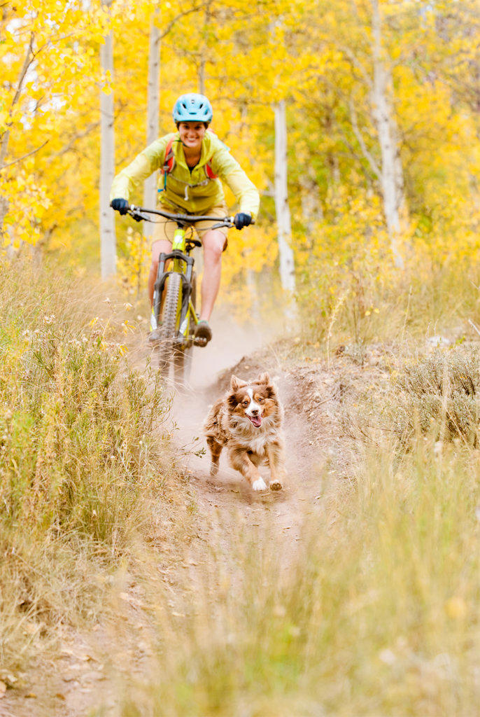 Young woman mountain biking with her dog in the fall