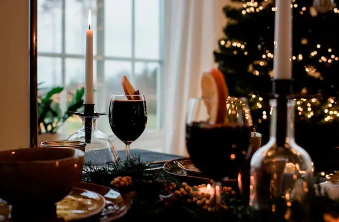 traditional Swedish drink mulled wine, glogg on a table at Christmas