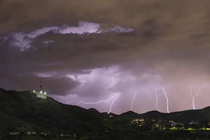 Lightning Strike Silhouetting The Hollywood Sign in Los Angeles