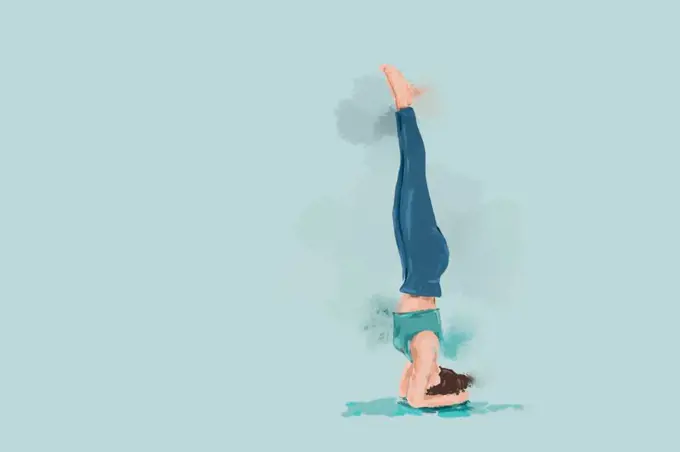 women balancing in head stand yoga illustration  isolated on blu