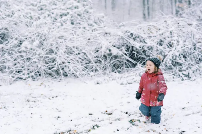 Little girl experiencing a snowfall in October in New England