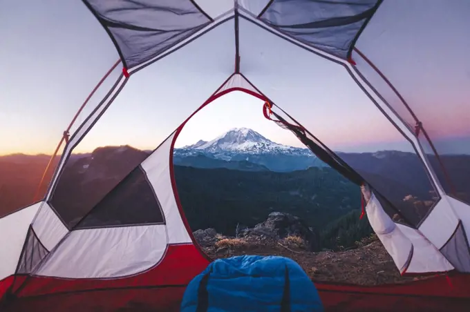 Morning view on mt. Rainier from a tent