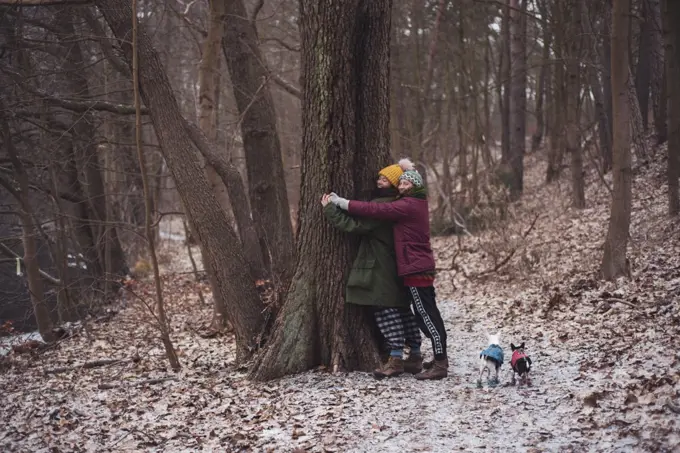 Lesbian couple hug a tree together with small dogs in winter germany