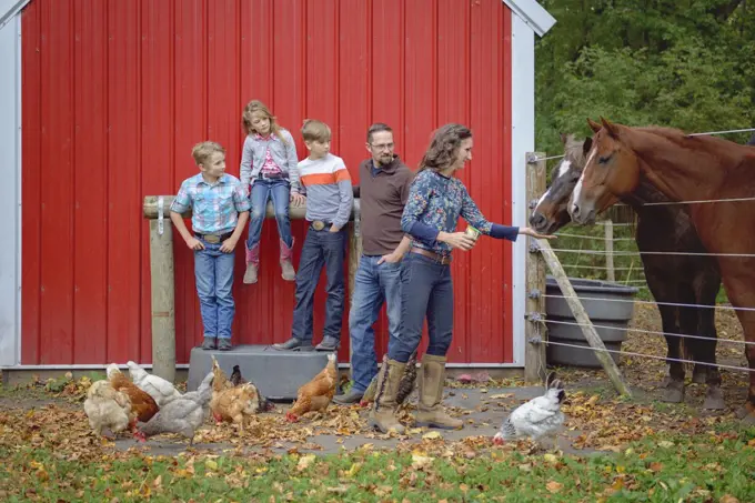 Family by a red barn with horses and chickens.