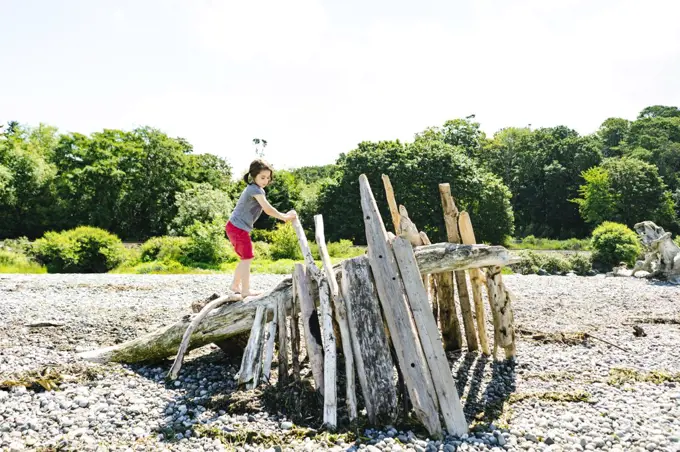 Wide angle view of a child climbing on a driftwood structure