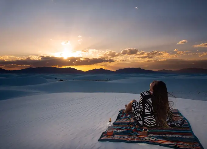Bohemian Girl Relaxing At Sunset In White Sands, New Mexico