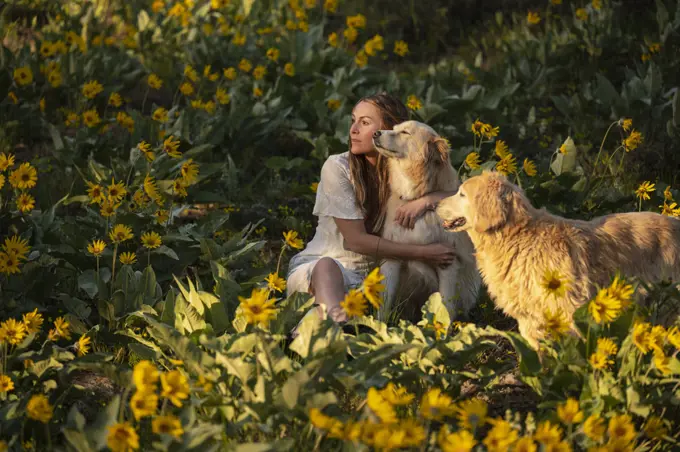 Female sitting in a field of wildflowers with two dogs